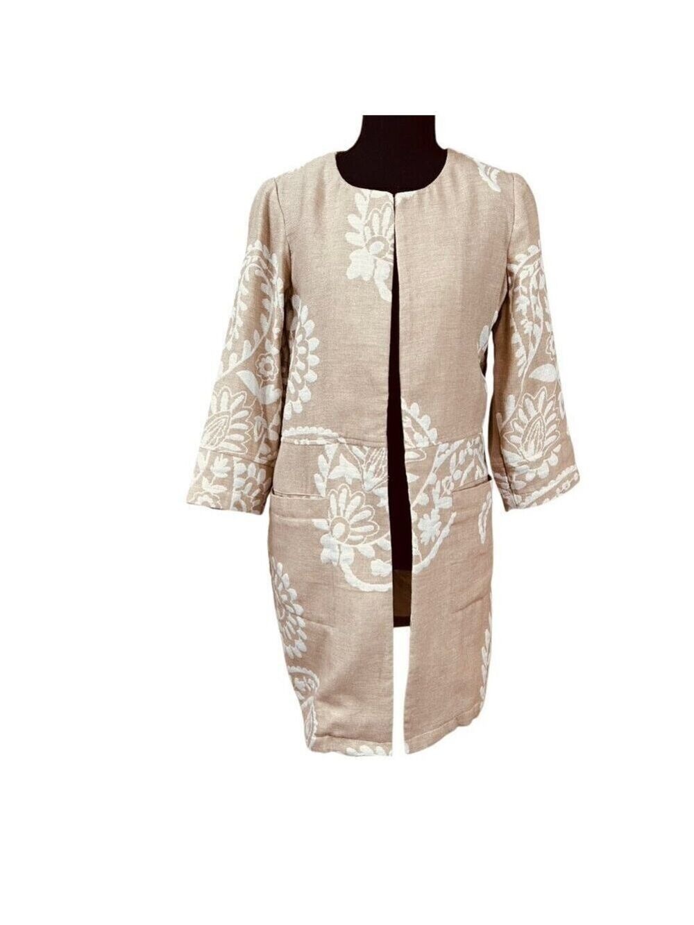 Chico's Beige White Jacquard Jacket Topper Cotton Linen Size 0 - Picture 2 of 12